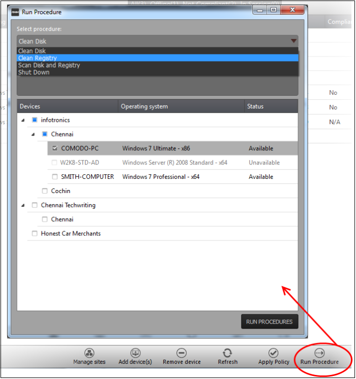 Run Procedures, Comodo Remote Management and Monitoring, RMM, Endpoint